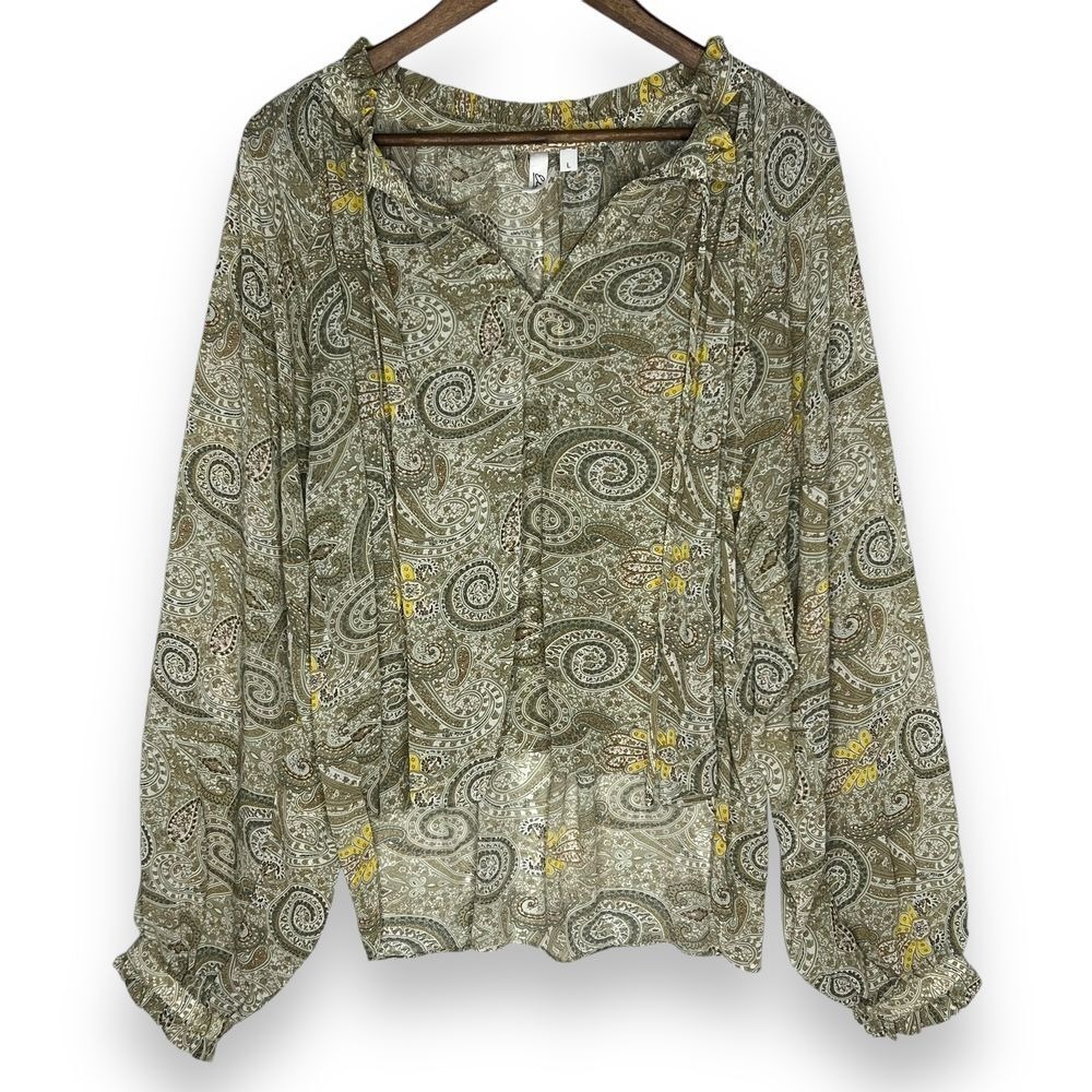 Elan L Blouse Peasant Green Yellow Tan Paisley Tie Neck Long Sleeve Boho Artsy